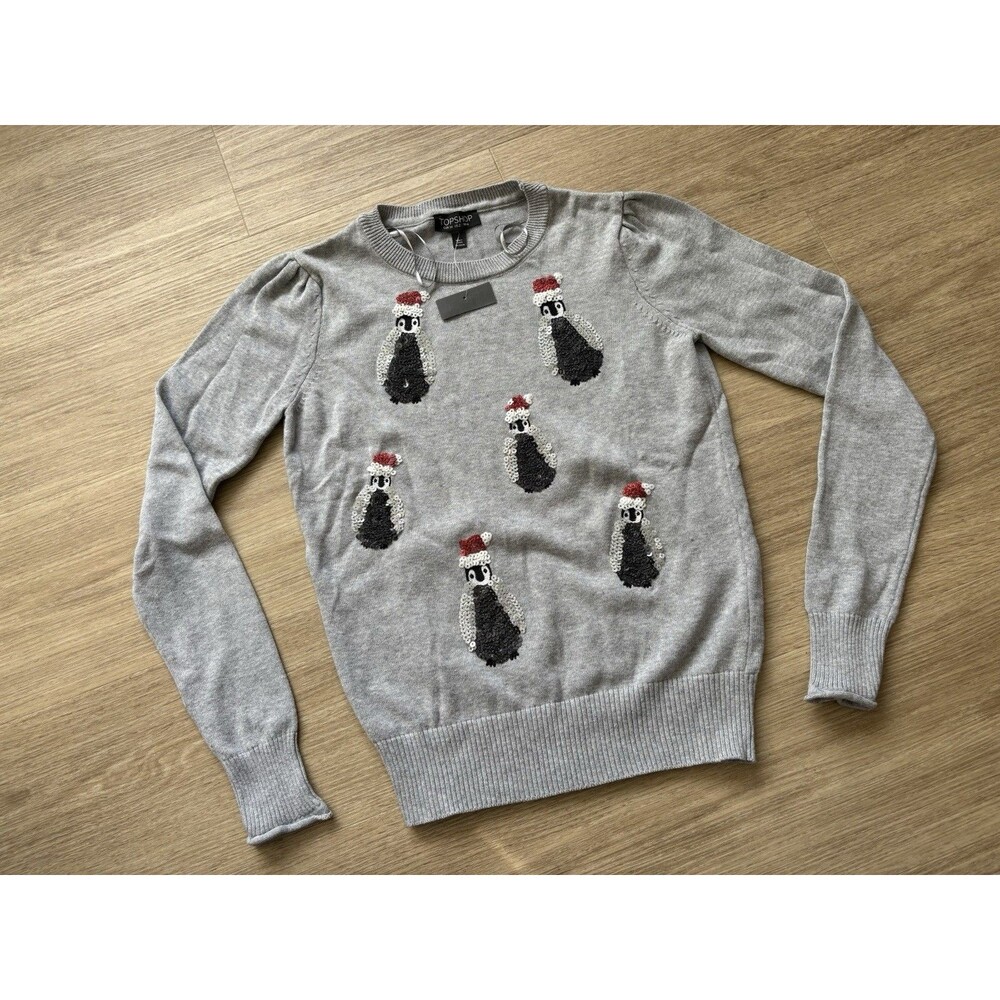 NWT Women’s Topshop Christmas Sequin Penguin Pullover Sweater Gray Size 2